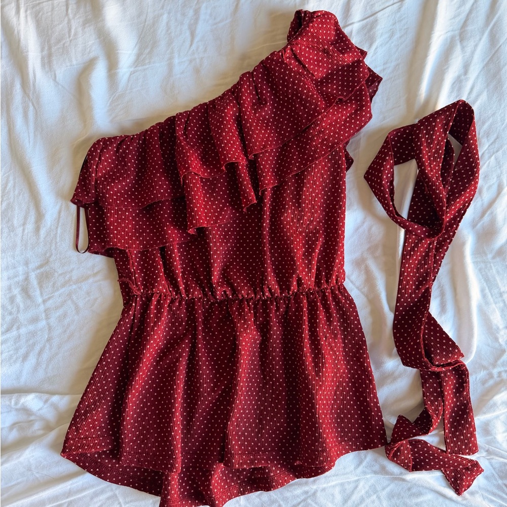 Maeve Burgundy One-Shoulder Ruffle Polka Dot Top